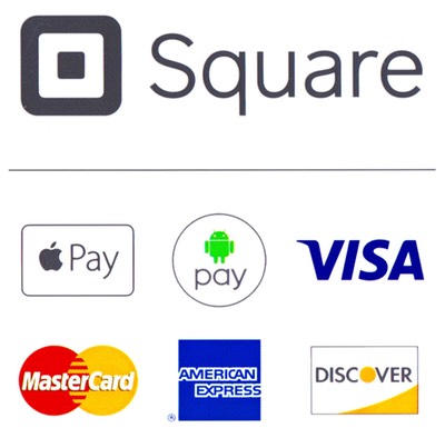 Logos of credit cards that are accepted including Apple Pay, Android Pay, Visa, Master Card, American Express, and Discover Card